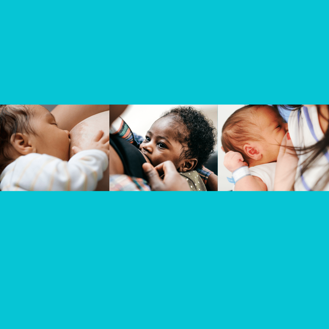 Teal background. 3 images of babies nursing. Text in black 'The Art of Breastfeeding'.